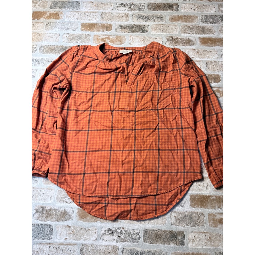 Loft Outlet Burnt Orange Plaid Split Neck Blouse‎ Long Sleeve Cotton Viscose S